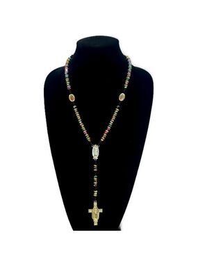 Aurora Borealis Beaded Rosary Necklace With Gold-Tone Cross | NWOT